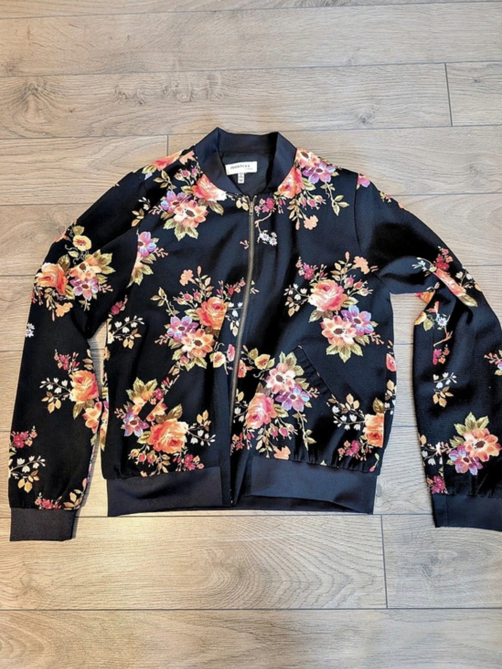 monteau Floral Bomber Jacket in Black & Pink Size Medium Like New